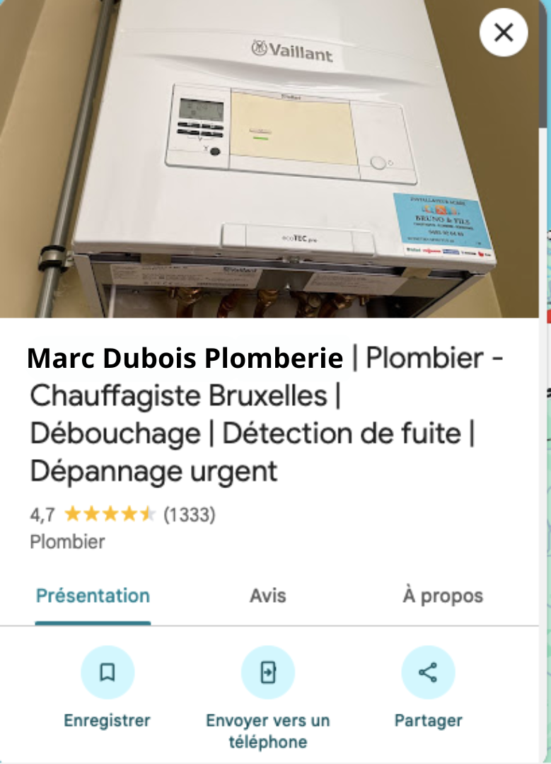 Exemple fiche Google Business Marc Dubois Plomberie Bruxelles